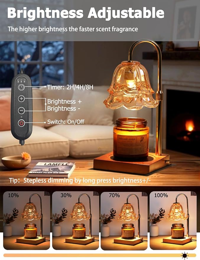 Flower Candle Warmer Lamp with Timer, Gold Lamp Candle Warmer Adjustable Dimmable, Electric Wax Warmer Lamp for Large Jar Candles Melt with 2 Bulbs, Gifts for Men Women Birthday Home Decor