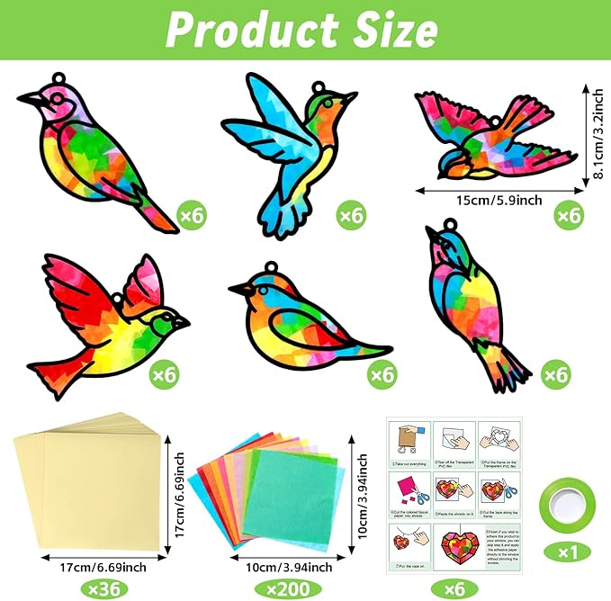 Qyeahkj 36 Set Spring Bird Suncatchers Crafts for Kids DIY Bird Window Tissue Paper Craft Kit Animal Hanging Decor for Summer School Home Activity Art Project Birthday Party Favor Gift