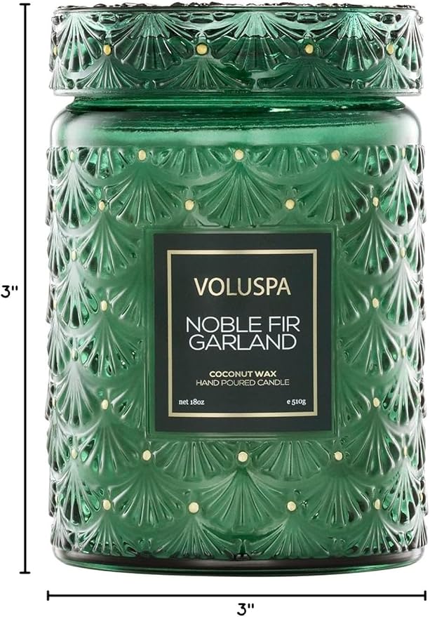 Voluspa Noble Fir Garland, Large Candle Jar, 18oz, Coconut Wax Blend, Scented Candles for Home, 100 Hour Burn Time, Poured in The USA