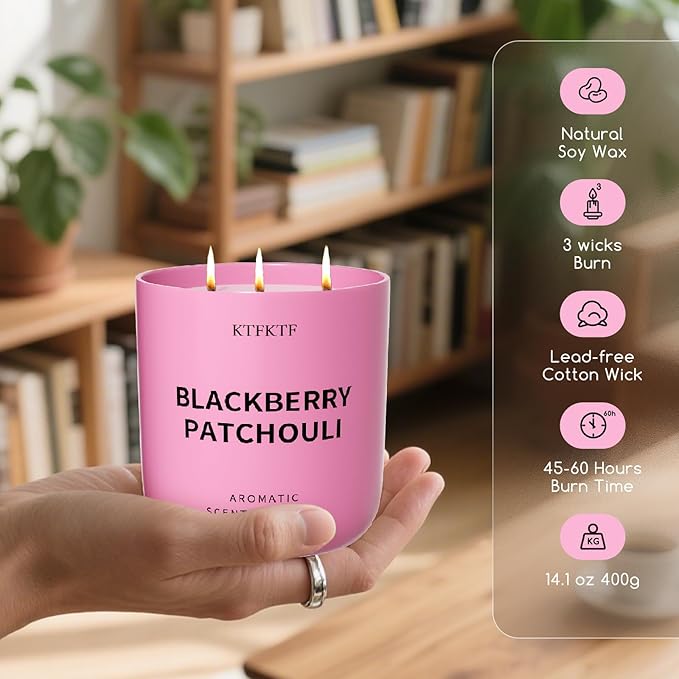 BlackBerry Patchouli Scented Candle for Home, 14.1oz 80 Hour Long Lasting Aromatherapy Candles for Focus & Balance, Non-Toxic Essential Oil & Soy Wax | Fruity-Spicy Earthy Fragrance