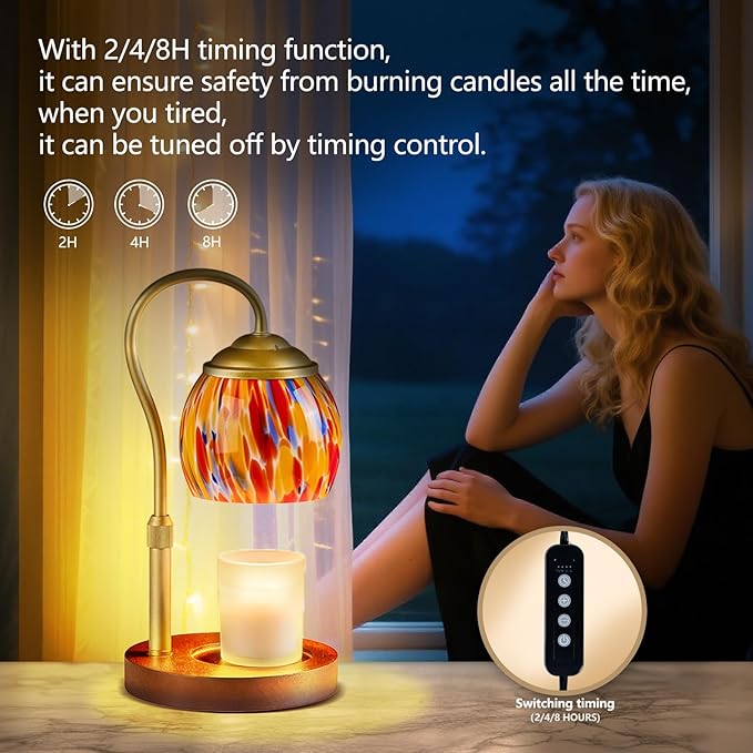 Red Opal art Glass Candle Warmer Lamp with Wood Base - Height Adjustable, 2/4/8H Timer, 4-Level Dimmer - Includes 2 GU10 Bulbs - Festive Winter Holiday Decor & Gifts for Women, Fits Candles up to 5"