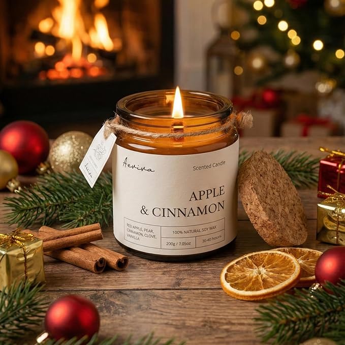 Scented Candle, 7.05 oz Apple & Cinnamon Aromatherapy Candle, Natural Soy Wax with Wooden Wick, Candles for Home Scented, Stress Relief Amber Jar Candle Gifts