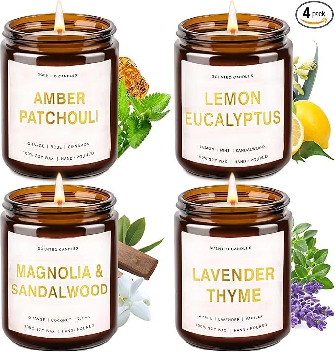 Candles for Home Scented, 4 Pack Soy Candle Non Toxic, Spring Aroma Candles with Lavender Thyme,Magnolia & Sandalwood,Amber Patchouli,Lemon Eucalyptus - Candle Gifts Set for Women & Mothers Day