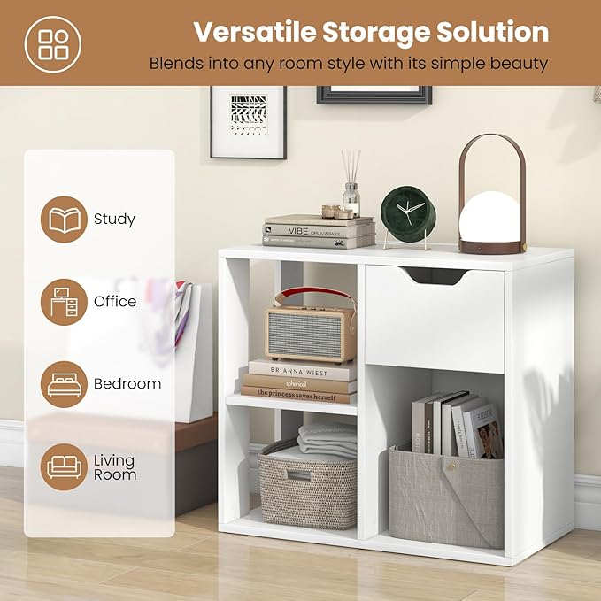 LOKO 3-Cube Bookshelf with Drawer, 2-Tier Open Shelf Bookcase, Freestanding Display Shelf, Modern Home Storage Organizer, Shelving Unit for Living Room, Bedroom, Study, Office (1, White)