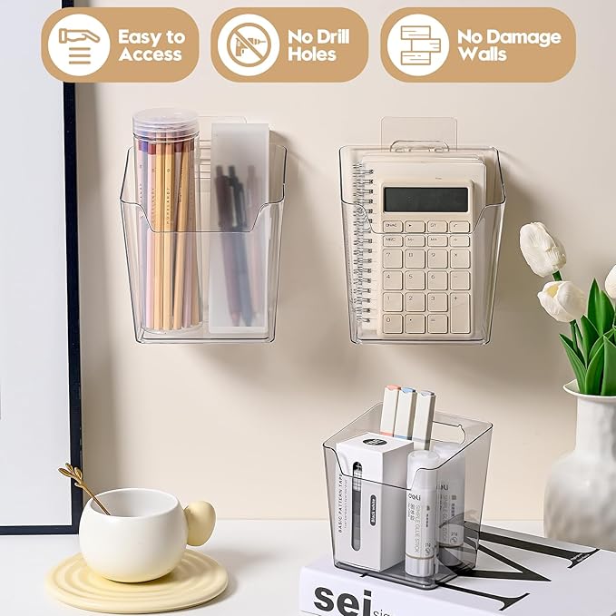 Clear Acrylic Pen Holder, 4 Pack Cabinet Door Organizer Adhesive, Bathroom Wall Mount Caddy Kitchen Plastic Storage Bin Box for Office Marker,Art Supply, Small Cleaning Supply, Seasoning Drink Packet