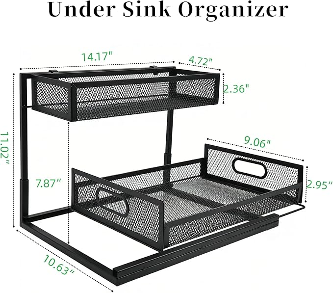 Under the Sink Organizer 2-Tier Pull Out Cabinet Organizer for Kitchen Bathroom, L-Shaped Undersink Shelves No Drill with Slide Out Drawer Space-Saving Storage Easy to Install Black 1 Pack
