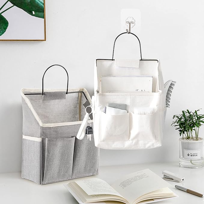 4 Pack Wall Hanging Storage Bag Fabric Hanging Bag Organizer with 4 Pockets, Wall File Organizer with 8 PCS Sticky Hooks for Bathroom Dormitory Office Rv Storage and Organization (2 White+2 grey)