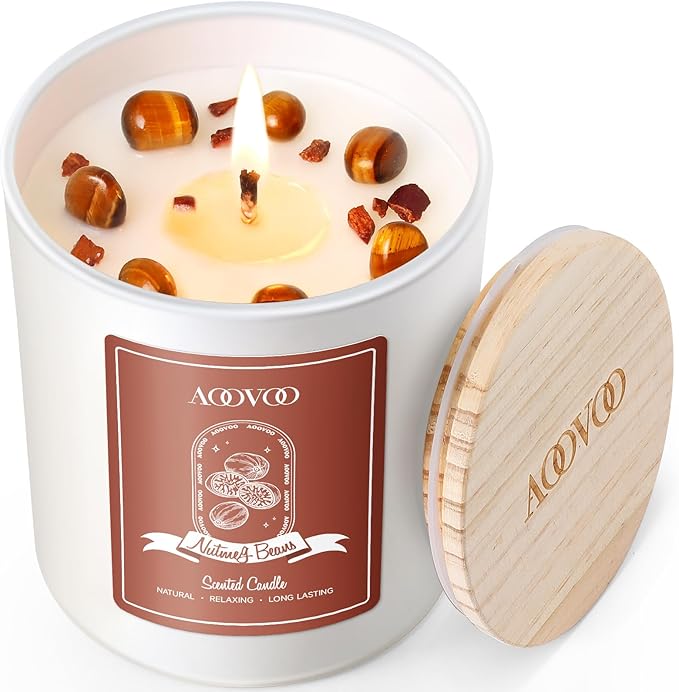 AOOVOO Nutmeg Beans Scented Candles for Women - Aromatherapy Candle with Crystals Inside, 10oz Soy Candles for Home Scented, Birthday Gifts Valentines Day Candle for Women Mom