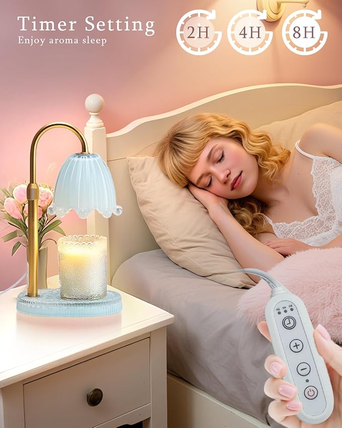 Flower Candle Warmer Lamp with Timer, Vintage Adjustable Glass Warmer Light for Jar Candles, Electric Wax Warming Melter, Gifts for Women Mom, Bedroom Decor (Pink-Flower) (Blue-Flower)