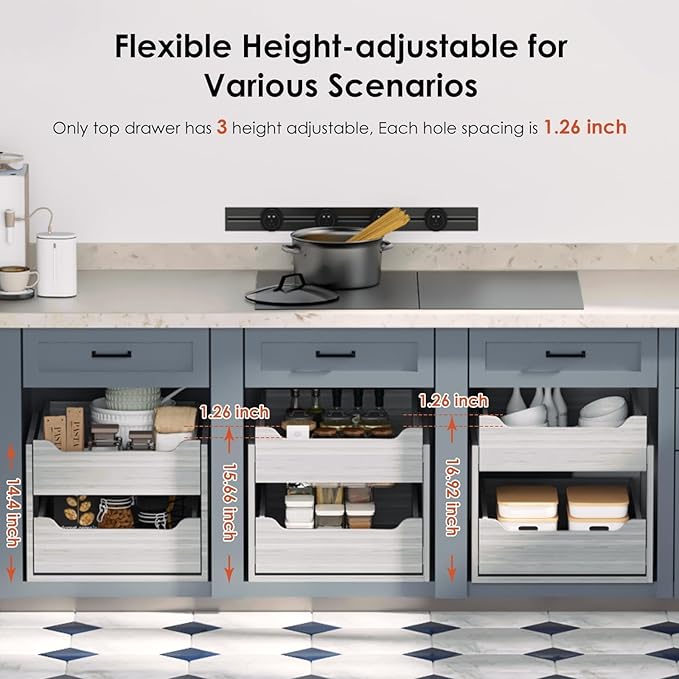 Pull Out Drawers For Cabinets, 25" W x 21.65" D x 17" H Slide Out Wooden Pull out Drawers, 2-Tier, Heavy-Duty Base Bottom Assembly Slide out Drawer Shelf Cabinet Organization for Kitchen, Gray
