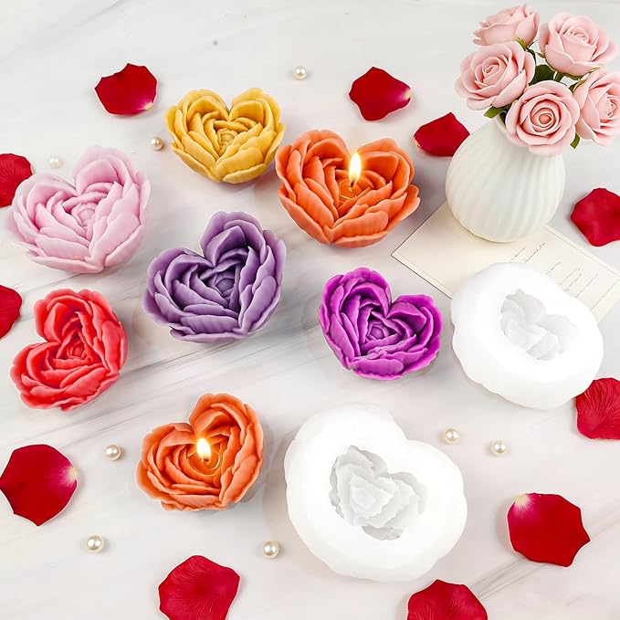 Rose Candle Molds, Love Rose Flower Silicone Molds for Candle Soap Making DIY Heart Epoxy Resin Casting Valentine’s Day Mother’s Day Gift