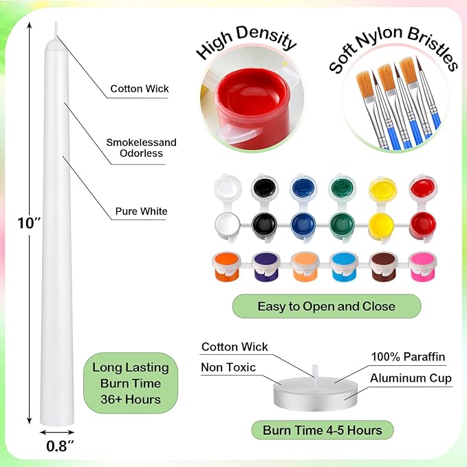 MTLEE 54 Pcs DIY Candle Painting Kit Include White Candles Colorful Acrylic Paint Strips and Paintbrushes for Crafts Making Wedding Birthday Party Centerpiece (Taper)