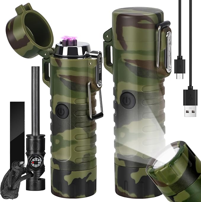 Scotte Plasma Windproof arc Lighter Electric Lighter and LED Flashlight - 2 in 1(Army Green)