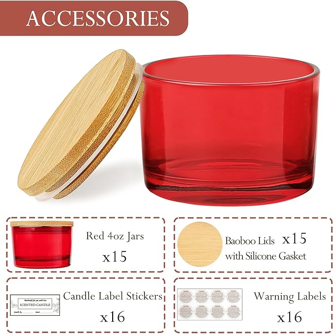 CONNOO 15 Pack 4 OZ Red Glass Candle Jars with Airtight Bamboo Lids for Making Candles, Bulk Small Wide Mouth Empty Candle Containers with Sticky Warning Labels - Dishwasher Safe