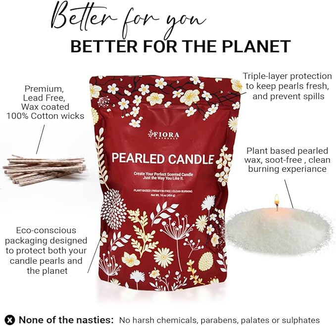 Fiora Naturals Pearled Candle Sand with Wicks – 1 Lb Sand Wax Beads & 20 Cotton Wicks – DIY Refillable Candle Making Kit, Long-Lasting, Smoke-Free, Clean Burning Snow Candles, Mothers Day Gift