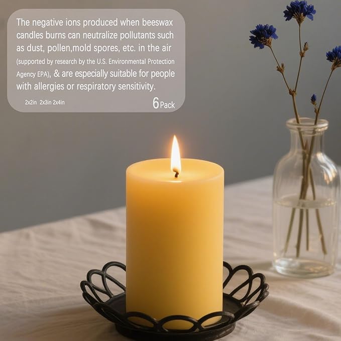 6pcs Beeswax Candle, 2x2 Inches Beeswax Pillar Candles 96-Hour Long Burn Time, 100% Natural Pure Bees Wax Candle for Home Holidays Decor Spa Relaxation (2x2in)