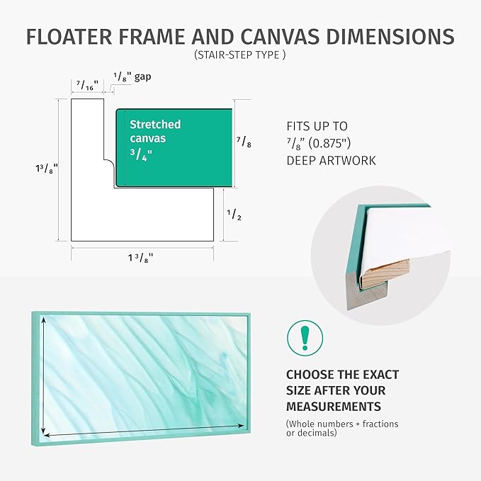 Pixy Canvas Custom Sized Floater Frame for 3/4 (0.75) inch Deep Canvas Paintings/Canvas Prints/Wood Canvas Panels/Wall Art/Wall Decor/Home Decor/Artwork (White, Custom Size, Landscape)