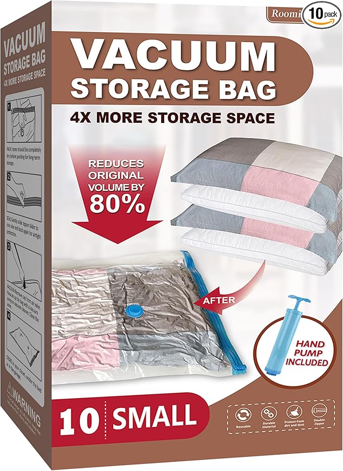 Roomimaster Vacuum Storage Bags, Vacuum Seal Space Saver Bags for Clothing, Travel Lugggage, Carry-on, Blankets, Comforters,Pillow, Bedding, 10 Small