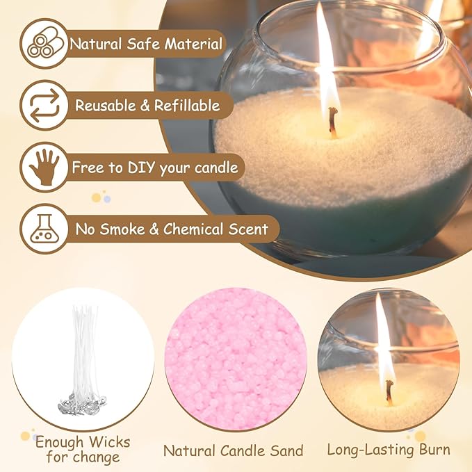 MECCANIXITY Pearled Sand Candles with 20 Pcs Wicks 7Oz / 200g Candle Beads Refillable Powder Sand Wax Making Kit for Thanksgiving Christmas Wedding Party DIY Home Crafts, Pink