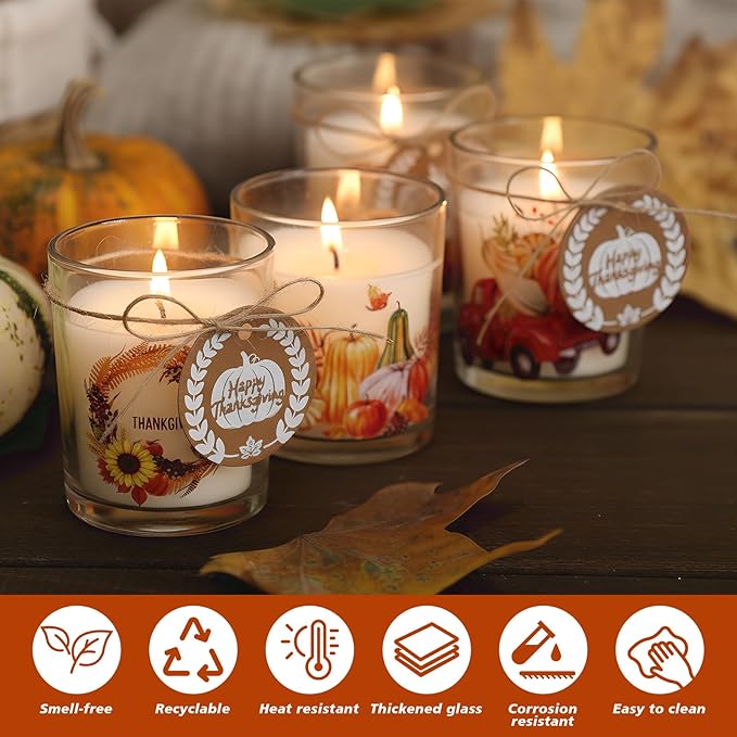 Potchen 12 Pack Thanksgiving Pumpkins Clear Candle Jars for Making Candles 7 oz Empty Glass Jars with Wood Lids and Blessing Card Harvest Candle Containers for DIY Gifts Home Tea Party Holiday Decor