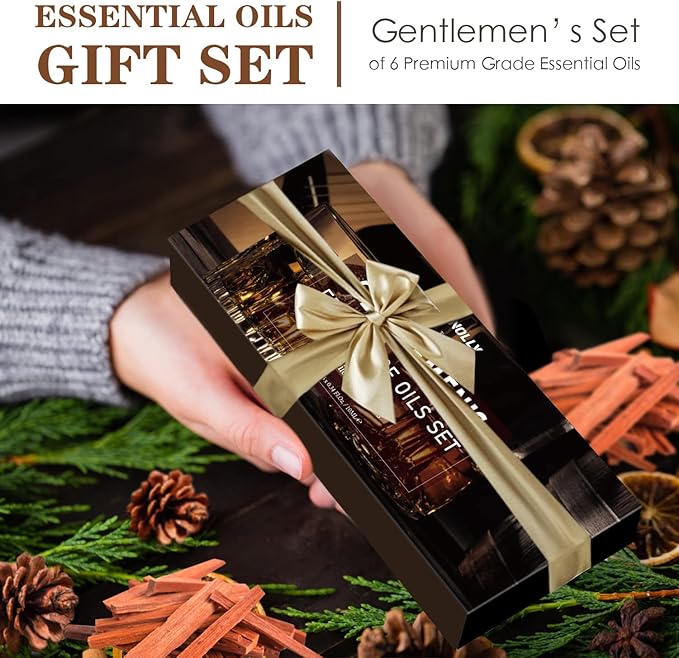 Essential Oils Set, Men Scents Fragrance Oil Aromatherapy Essential Oils Kit for Diffuser (6x10ML) - Sandalwood, Cedar, Leather, Sweet Tobacco, Rum, Cologne Aromatherapy Oils Gift for Men