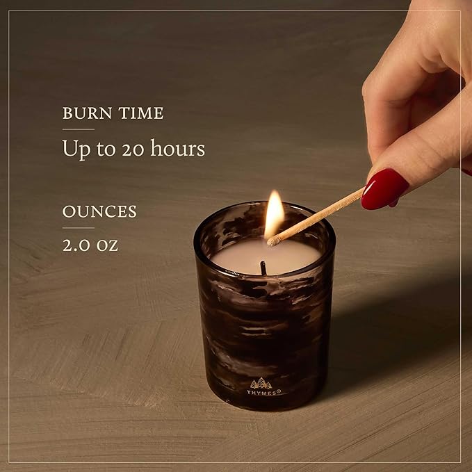 Thymes Noir Woods Scented Candles for Home Decor – Notes of Fresh Evergreen, Smoky Wood & Golden Amber – Luxury Home Fragrance Gifts for Women & Men – Burns Up to 20 Hrs (Votive Candle, 2 oz)