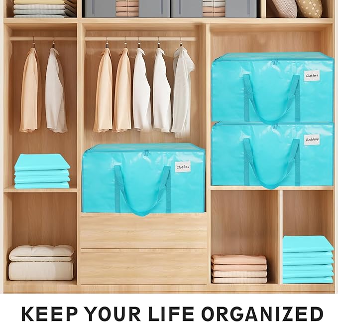 12 Pack-Extra Large Heavy Duty Moving Bags - Waterproof Storage Totes with Handles & Zippers, Foldable for College Dorm, Storage (lake blue)