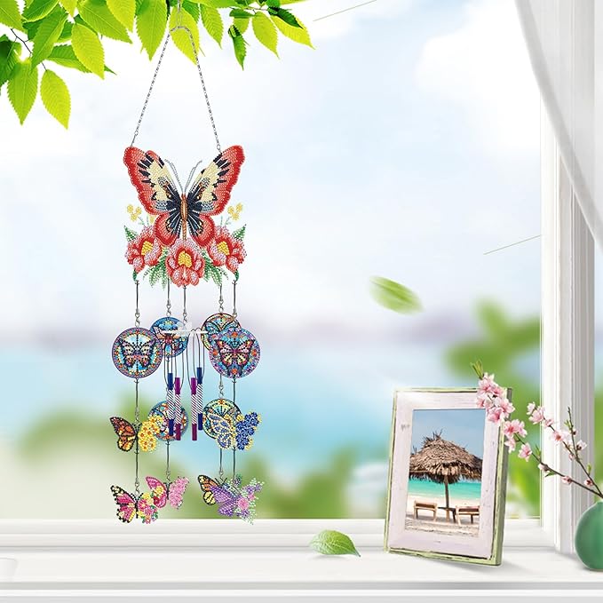 Butterfly Diamond Art Wind Chimes DIY Kits 5D Diamond Art Painting Wind Chime Hanging Ornament Set Double Sided Special Shaped Beads by Number Stitch Butterfly Wind Chime Pendant for Yard Home Decor