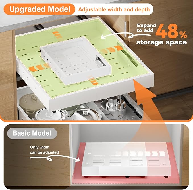 Pull out Cabinet Organizer Expandable W(12"-20") and D(16"-22"), No Drill Adjustable Slide Out Drawers With 3 Slide Rails, 2Pcs Magnetic Panel, Adhesive Roll out Shelves for Kitchen, Cabinets, Pantry