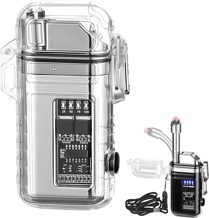 Rechargeable Electric Lighter with 360° Flexible Long Neck Plasma Lighters, Waterproof USB Arc Lighters with LED Battery Display & Flashlight for Camping, USB Flameless Lighter (Silver)