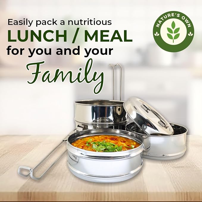 Nature's Own Indian Stainless Steel Tiffin Lunch Box, 4-Tier Snack Box/Food Container Airtight Leak Proof, 4 Compartment, Suitable for Office Use, Outdoor Lunches/Dining, Size 8x4 Inch