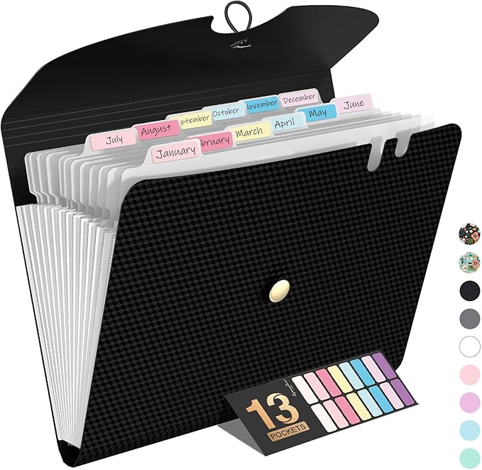 Sooez Expanding File Folder, 13 Pocket Accordion File Organizer, Monthly Expandable File Folder for Documents with Labels, Portable Bill Receipt Organizer for School Office Supplies, Letter A4 Size