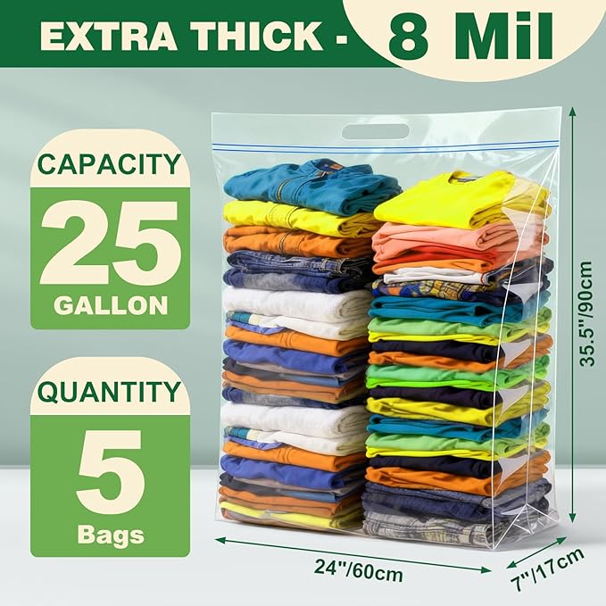5 PACK 25 Gallon Extra Large Storage Bags, 35.5"x 24"x 7" Resealable Clear Zipper Bags with Handle, Heavy Duty Big Bag for Clothes Pillow Travel Moving, Expandable Bottom, 8 Mil Thick