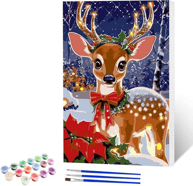 NAIMOER Christmas Deer Paint by Numbers Kits for Adults Beginner with Wooden Framed, Color by Numbers on Canvas Painting Kits for Adults, Easy Paint DIY Acrylic for Home Wall Decor 8X12 Inch