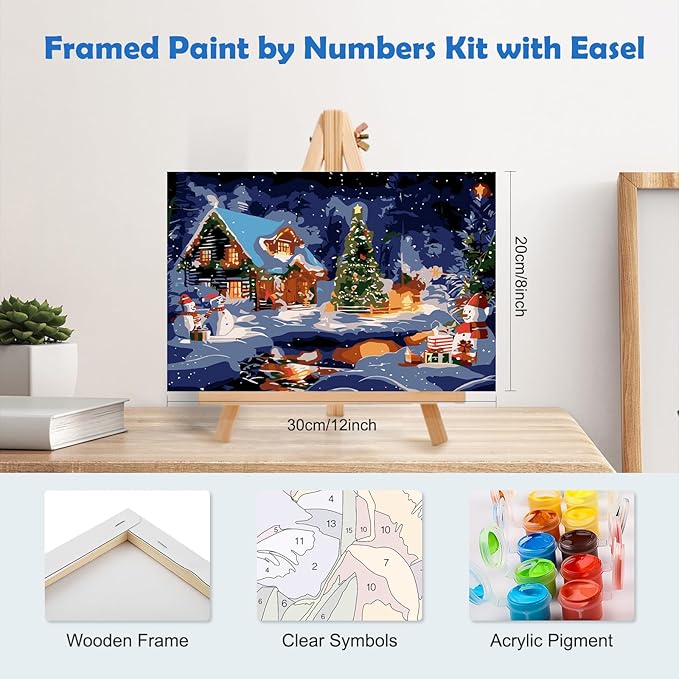 MOGTAA Christmas Paint by Numbers Kit for Adults Beginners with Frame, Winter Adult Paint by Number Kits on Canvas with Easel, Easy DIY Snowman Oil Painting Kits for Home Decor, 8x12in