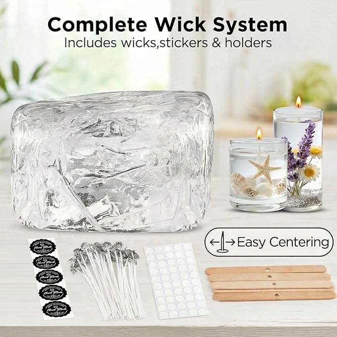 LumaCraft Clear Gel Wax for Candle Making – 1.1LB (500g) Transparent Jelly Wax with 20 Wicks, 50 Wick Stickers & 5 Wick Holders - Natural Non-Toxic DIY Gel Candle Supplies for Beginners & Crafters