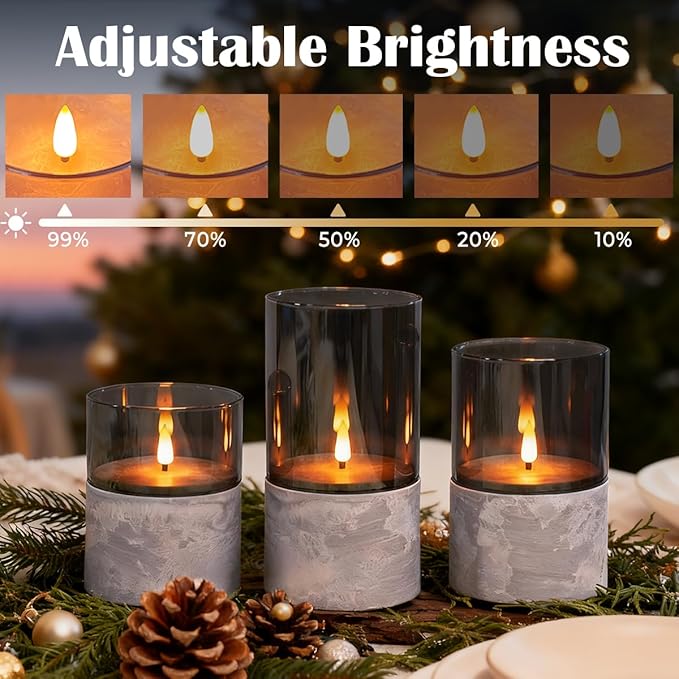 Rechargeable Marble Flameless Candles, Gray Glass LED Pillar Candle with Remote & Timer,Decorative Candles for Living Room, Bedroom, Holiday Décor & Gifts for Women,Set of 3