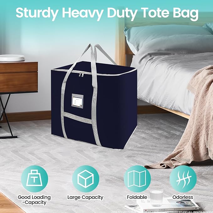 3 Pack 75L Heavy Duty Moving Bags, Large Tote Bags, Space Saving, for Storage & Moving, with Reinforced Handles & Sturdy Zippers (Blue)