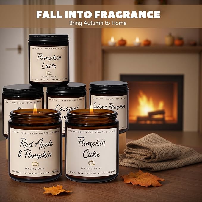 Auelife Scented Candles - Pumpkin Candle Set of 6 | Ginger, Apple, Cake, Caramel, Latte & Spiced Pumpkin Soy Candles | Holiday Candle for Home Décor & Gifts for Women, Cozy Holiday Aromatherapy
