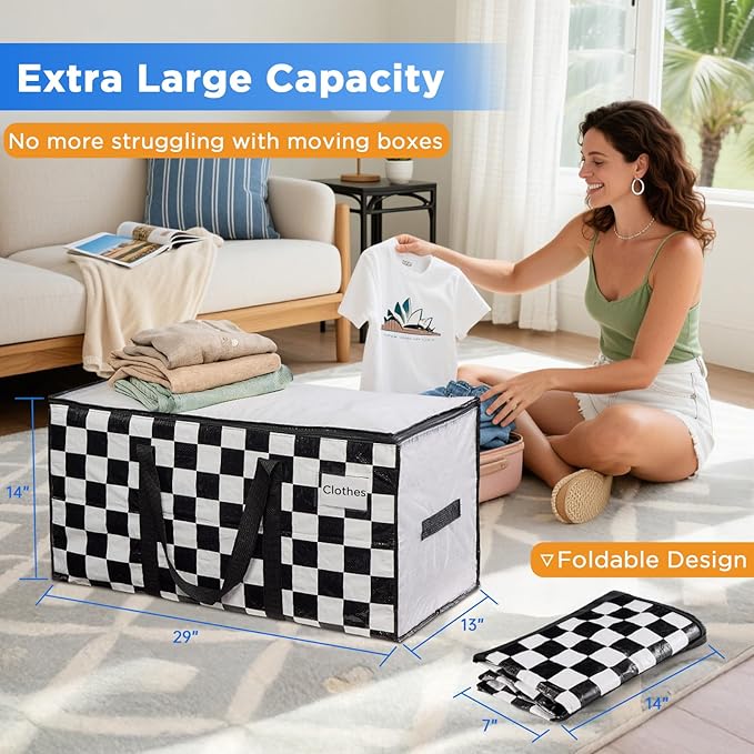 Extra Large Moving Bags Heavy Duty Storage Bags with Zipper Handles, BETU 10 Pack Clothes Storage Totes Bins Packing Moving Boxes, Moving Supplies for College Dorm Essentials, Space Saving,White Plaid