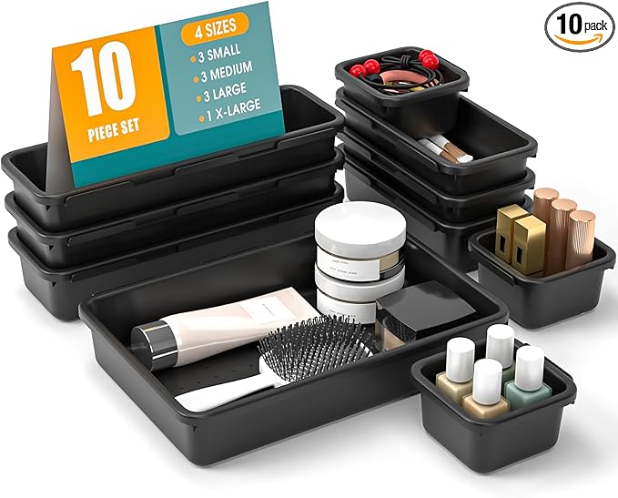 10 PCS Drawer Organizer Set, 4 Size Makeup Drawer Divider Organizer With Non-Slip Pads, Interlocking Plastic Storage Bins for Office,Jewelry Vanity,Gadgets, Bathroom,Kitchen, Black