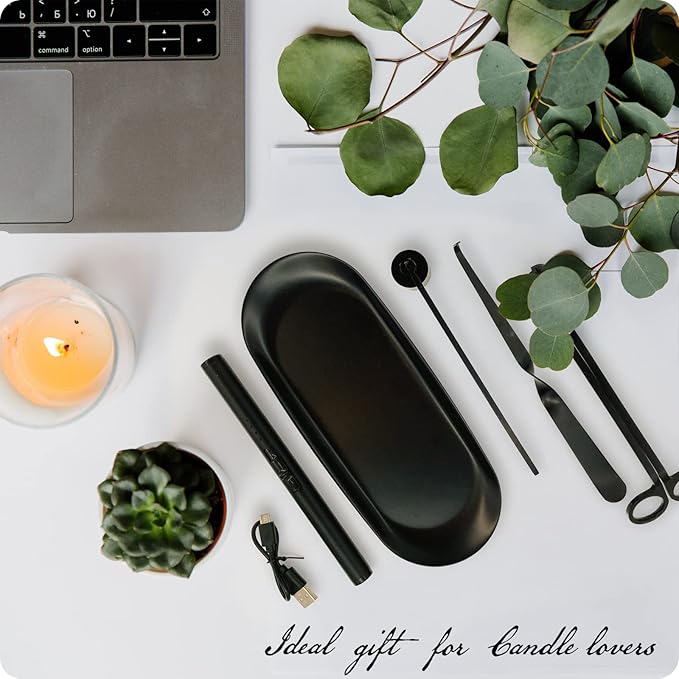 Exquisite Candle Accessories Tool Pack Bag, Rechargeable Electric Lighter， Wick Trimmer, Dipper, Snuffer and Tray Holder Elegant Kit Gift for Candle Lovers in Dating, Valentines Decor. ( Lemon Gold )