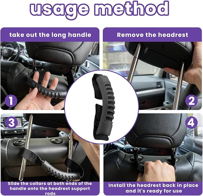 2-in-1 Car Assist Handle Kit | Adjustable Overhead & Backseat Assist Bar with Soft Rubber Grip for Added Support Entering and Exiting Vehicle (4, Black)