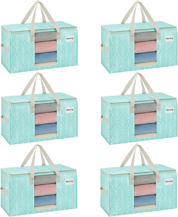 VENO 6 Pack Heavy Duty Moving Bags, Clothes and Comforter Storage Bags with Clear Window, College Dorm Essentials Packing Supplies, Foldable Boxes Alternative (Evergreen, 6 Pack)