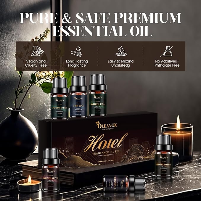 Hotel Diffuser Oils Gift Set, Essential Oils for Diffusers for Home, Luxury Fragrance Oil Set, Candle & Soap Making Scents, Jasmine & Mint, White Tea, The Way, Dream State, Hotel Lobby, Crystallé