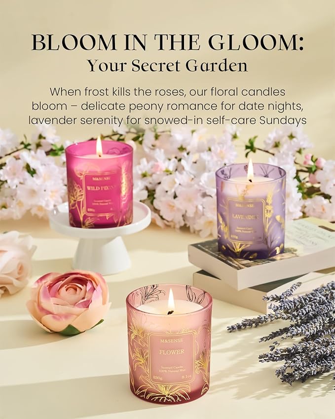 M&SENSE Wild Peony Floral Soy Candles, Vegan Subtle Scented 8.1oz 42-Hour Long Lasting, Non Toxic Candle for Bathtub Date Night Romance, Winter Home Fragrance Gifts for Women