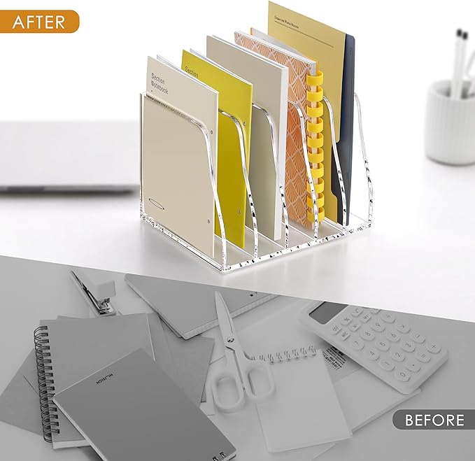 SANRUI Acrylic Desk Magazine File Organizer, 5 Vertical Compartments Clear Document Sorter Organizer Holder Workspace Sorters, Folder Rack for Office Accessories Organization Storage, B5 Size