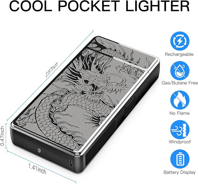 Electric Lighter, USB Rechargeable Plasma Arc Windproof Flameless Electronic Butane Free Mini Lighter for Candles, Fireworks, Outdoor Camping Activities (Black Dragon)