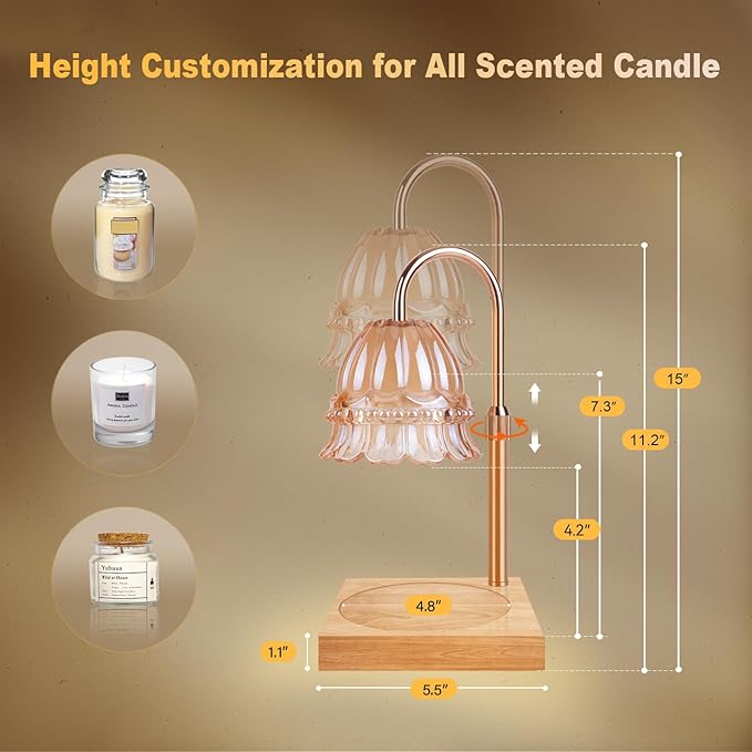 Flower Candle Warmer Lamp Adjustable Height, Candle Warmer Light with Timer & Dimmer, Compatible with Jar Scented Candles, Wax Melt Warmer with 3 Bulbs for Home Decor