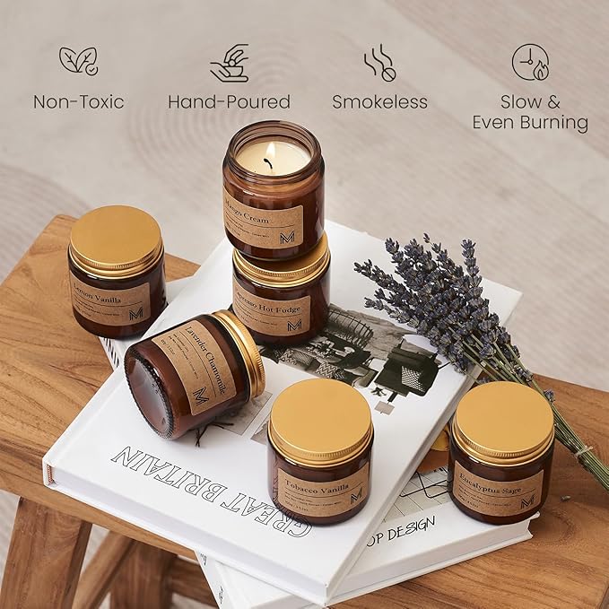 M&SENSE 6 Pack Christmas Candle Gift Set, Aromatherapy Candle Gift for Men and Women, Soy Wax Candles Home Scented, Long Lasting Amber Jar Xmas Candles for Christmas, Thanksgiving, Holiday